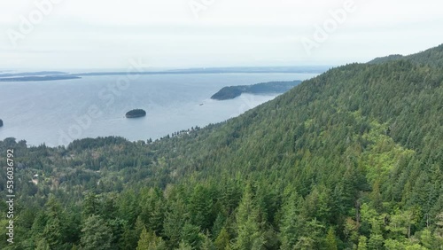 Wide aerial view of the San Juan Islands taken from the mountains of Larrabee Sate Park. photo