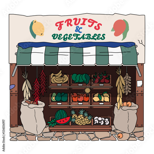 Fruits and vegetables shop vector illustration in line filled design