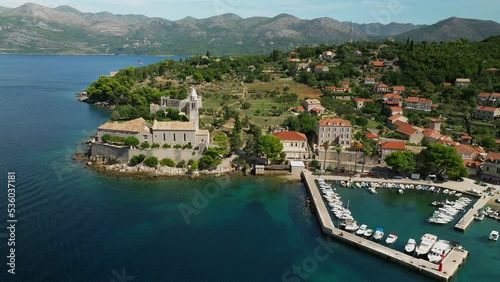 Aerial view of Holy Mary of Spilice church and the marina in Lopud, Croatia photo