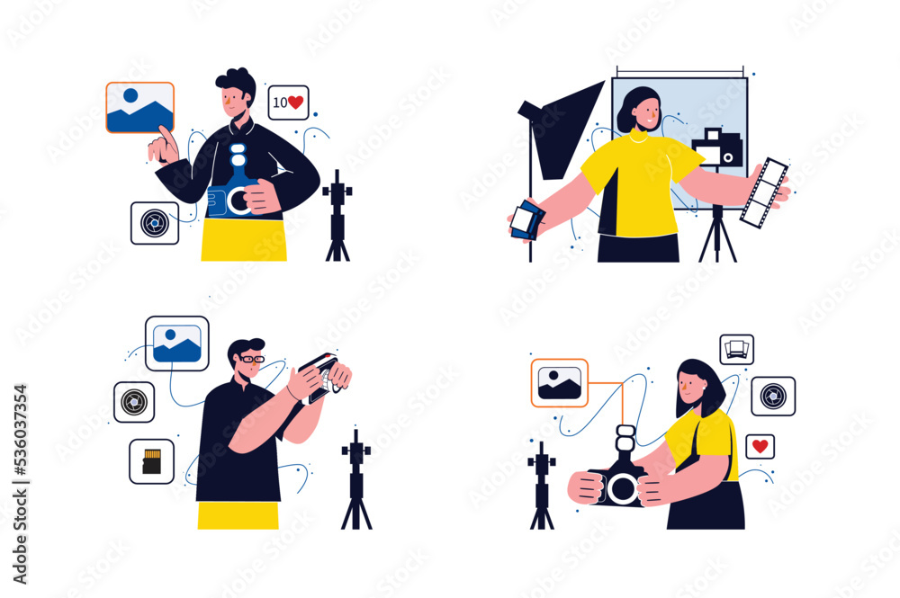 Naklejka premium Photo studio concept with people scenes in the flat cartoon style. Photographers prepare for shoots, edit photos and set up cameras. Vector illustration.