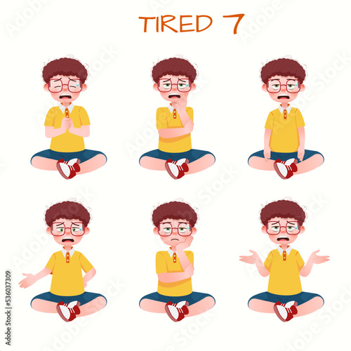 Set of kid boys showing tired expression.Vector illustration. 