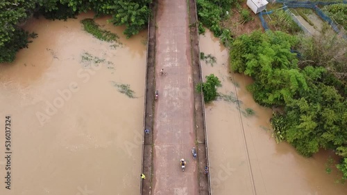 Top view Aerial photo from flying drone.Flooded rice paddies.Flooding the fields with water in which rice sown. View from above.