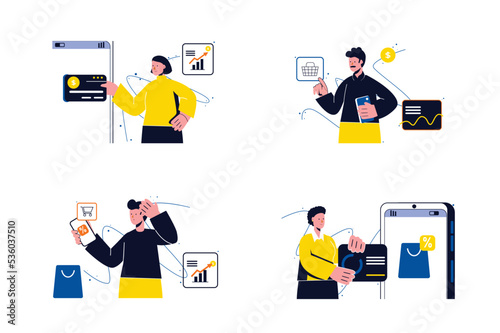 Concept Mobile commerce with people four scenes in the flat cartoon style. Buyers pay for goods and services through Internet banking. Vector illustration.