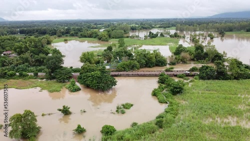 Top view Aerial photo from flying drone.Flooded rice paddies.Flooding the fields with water in which rice sown. View from above.