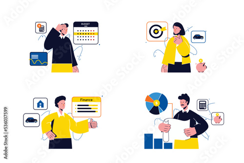 Concept Planning financial budget with people four scenes in the flat cartoon style. Financiers and economists allocate the budget to different types of expenses. Vector illustration.