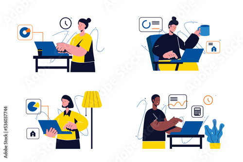Concept Freelance working with people four scenes in the flat cartoon design. Young people earn money doing tasks at home. Vector illustration.