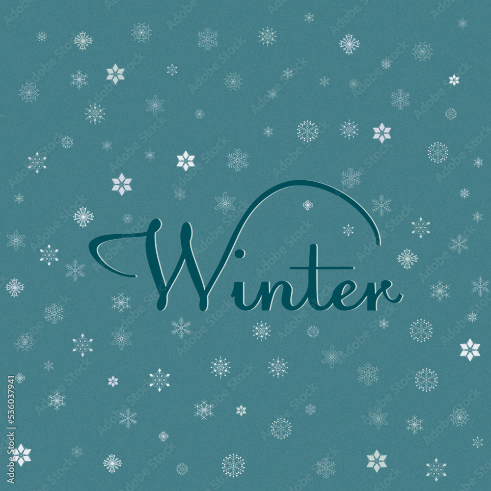 Card with text Winter surrounding different white snowflakes on blue background in retro style