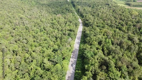 Aerial view of a forest with car in thailand.
