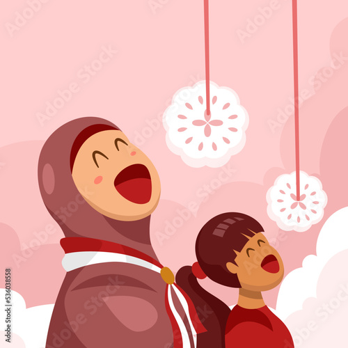 17 August. Lomba makan krupuk. Indonesia Happy Independence Day greeting card with hands clenched, Spirit of freedom symbol. Use for banner, and background . - Vector