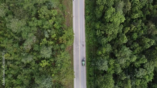 Aerial top view rural road in the forest, dirt road or mud road and rain forest, Aerial view road in nature, Ecosystem and healthy environment