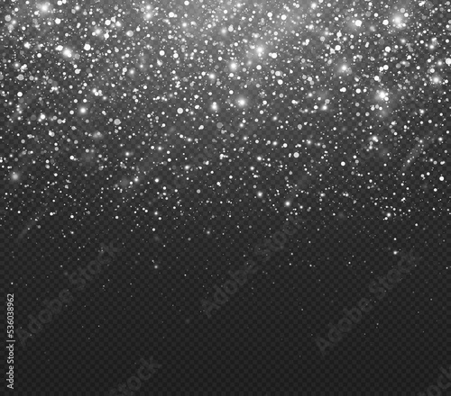 Realistic winter background. Shiny snowflakes and glitter particles fly in the sky. Falling snow twinkle on transparent background.