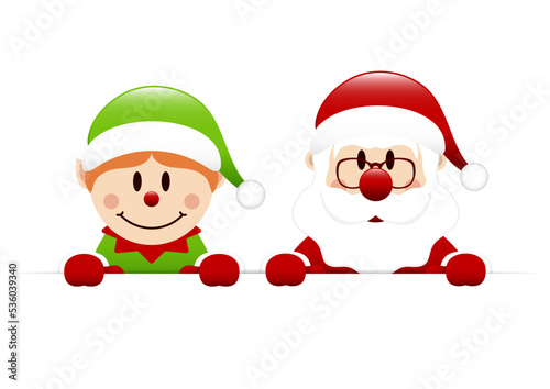 Elf Und Weihnachtsmann Halten Horizontales Banner Dunkelrot