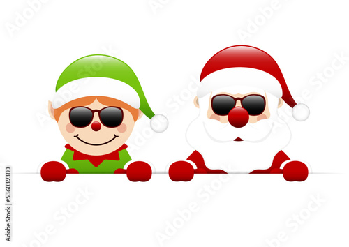Elf Und Weihnachtsmann Sonnenbrille Halten Horizontales Banner Dunkelrot