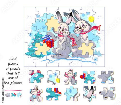 Logic game for children and adults. Find pieces of puzzle that fell out of picture. Page for kids brain teaser book. Task for attentiveness. Developing spatial thinking. Play online. Vector image.