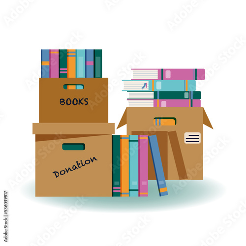 Donate books. Cardboard box with colourful books for donation. Vector illustration in cartoon flat style.