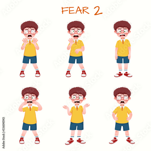 Set of kid boys showing fear expression.Vector illustration.