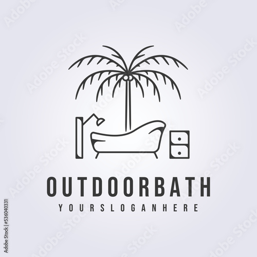 outdoor beach bathtub line logo vector illustration design, bathroom, take a bath in nature
