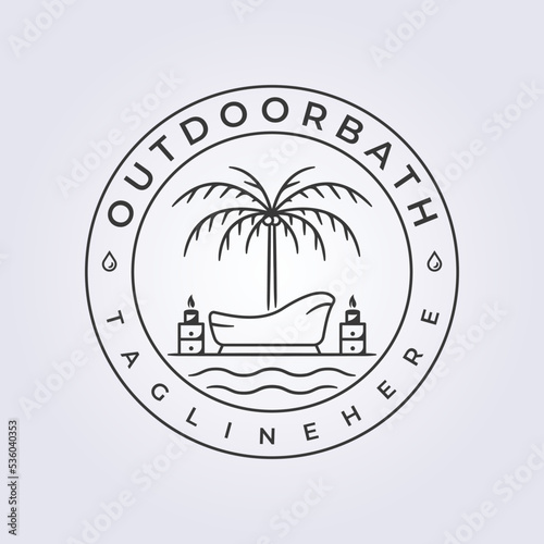 outdoor bath badge line logo, cozy and relaxation bathtub with candle vector illustration design