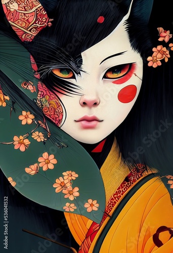 Painted portrait of Japanese cat girl with cat eyes in kimono with flowers
