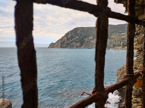 Seacoast of Cinque Terre with its villages and nature in Italy during a gloomy day of spring © Sergio Pazzano