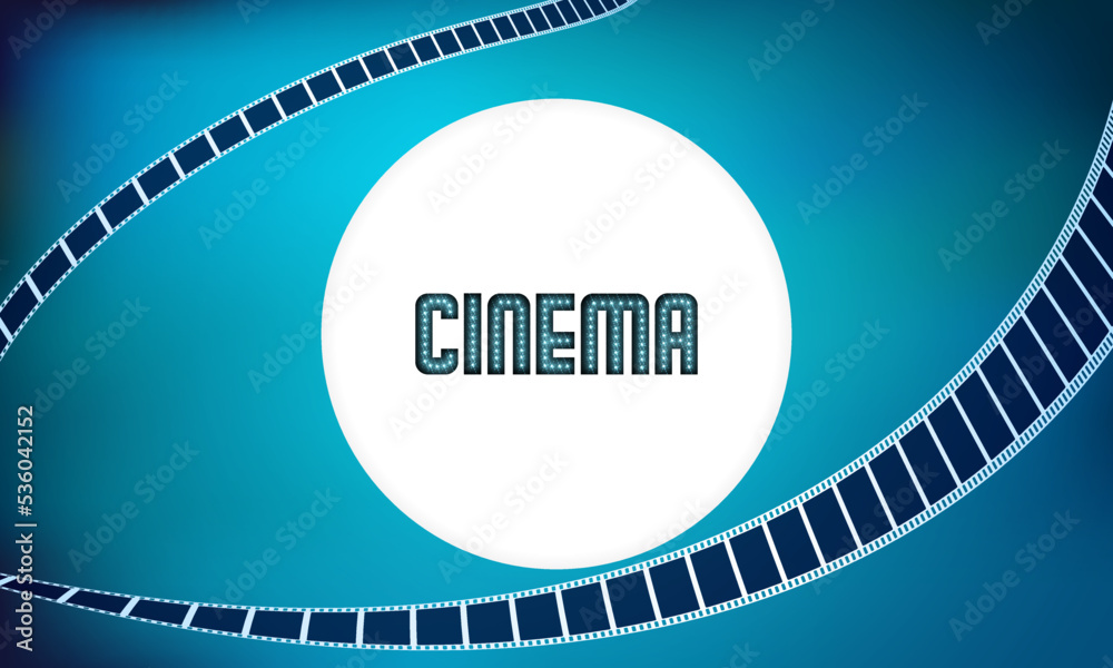 Blue movie background with film strips. Blank space for text in the middle.