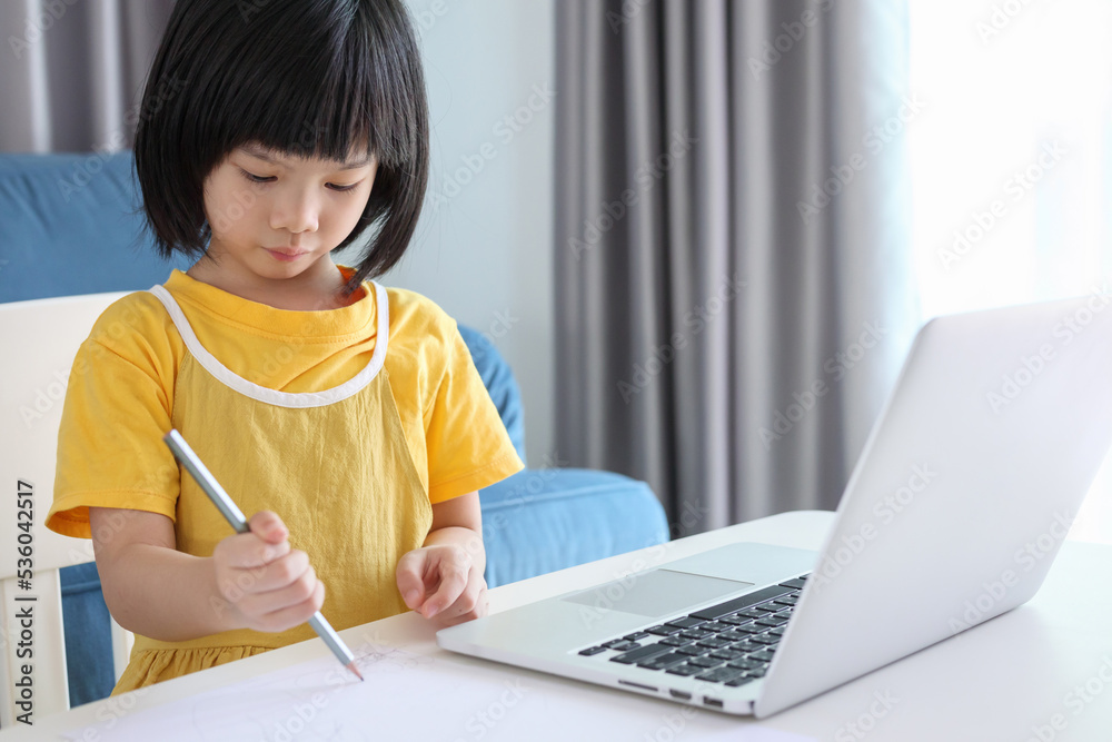 little asian girl student study online using laptop computer at home little asian girl student study online using laptop computer at home