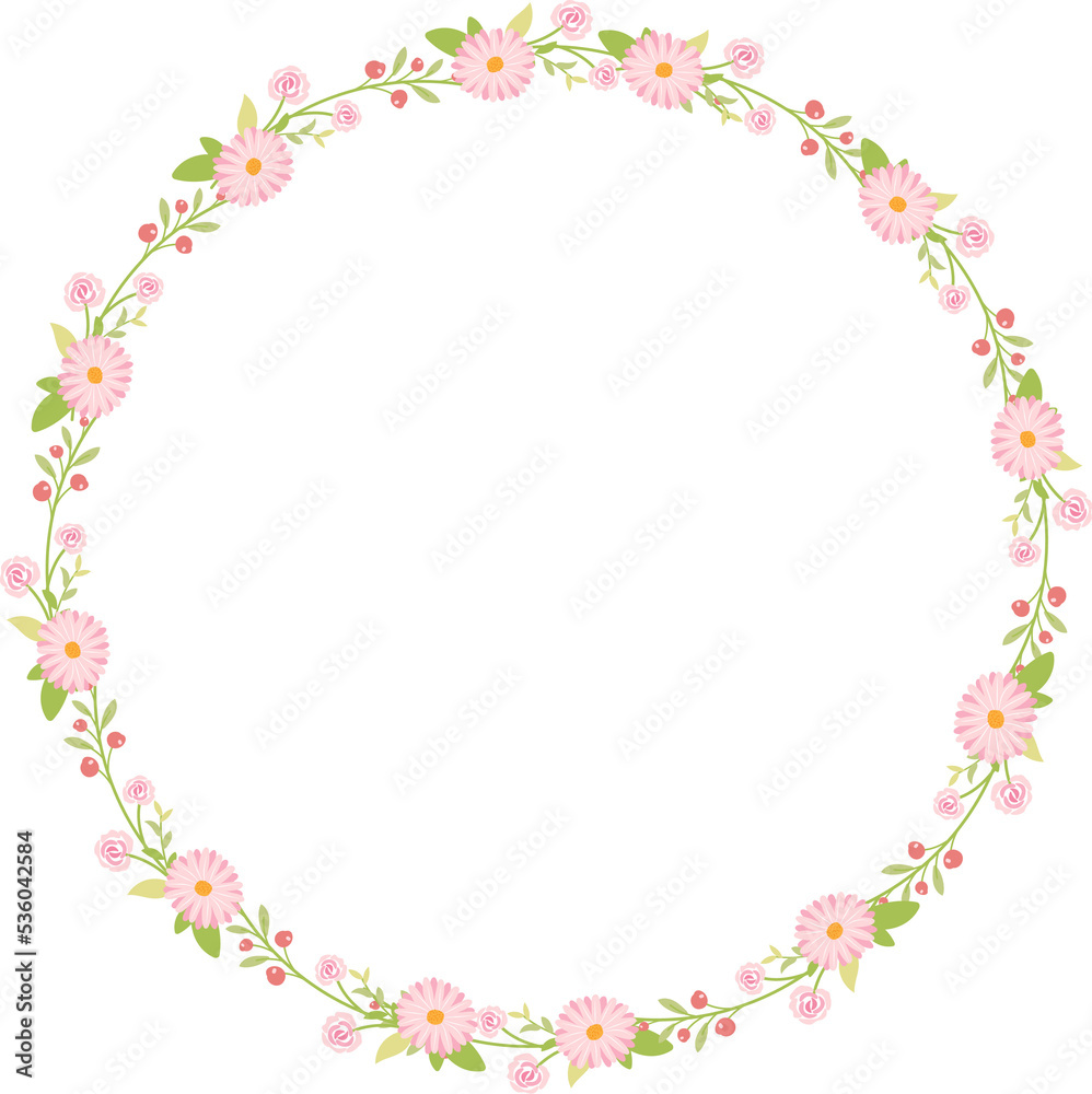 pink pastel daisy spring wreath doodle flat style
