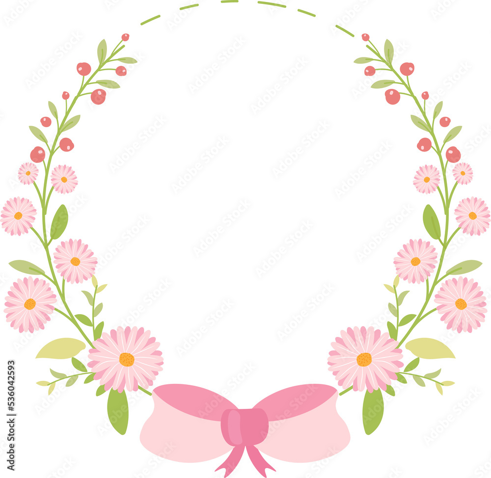 pink pastel daisy spring wreath doodle flat style