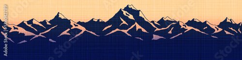 Sunset in the mountains, panoramic view, vector illustration