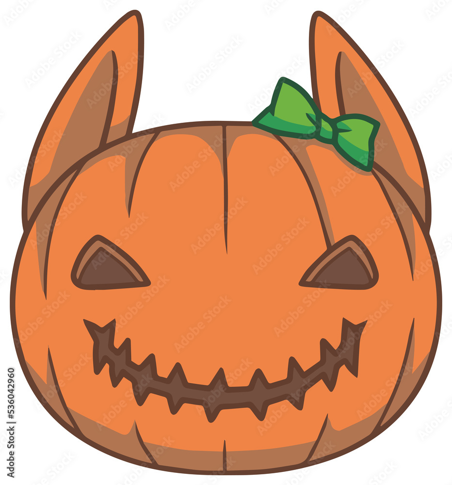 Fototapeta premium Illustration of a cute happy orange carved pumpkin with animal ears and ribbon on transparent background