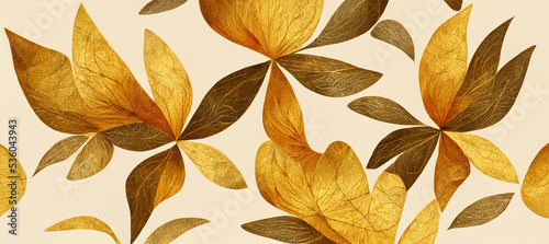 golden autumn leaves pattern with exotic leaves on white background. 3D rendering