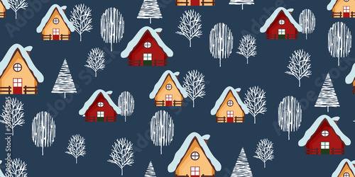 Seamless Christmas pattern Winter house and trees in the snow. Great for printing on fabric and wrapping paper.