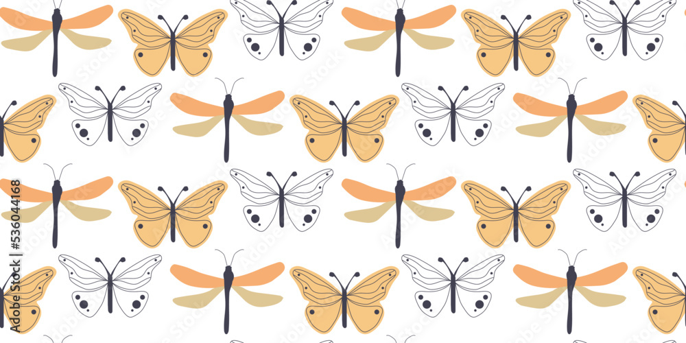 Fototapeta premium Seamless children's pattern of dragonflies and butterflies in pastel colors. Great for printing on fabric and paper.
