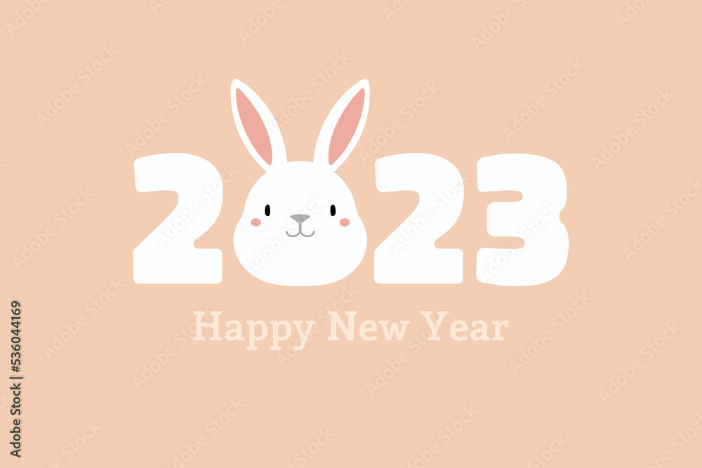 Fototapeta premium 2023 Lunar, Chinese, Japanese New Year kawaii funny rabbit face, typography. Cute eastern zodiac sign, symbol. Vector illustration. Flat style design. Concept for holiday card, banner, poster, decor.