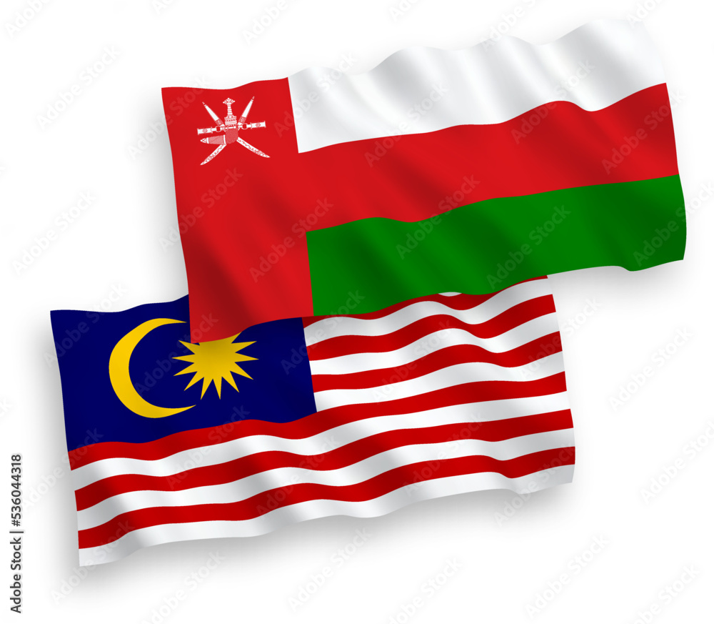 Flags of Sultanate of Oman and Malaysia on a white background Flags of Sultanate of Oman and Malaysia on a white background