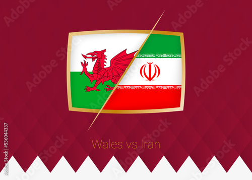 Wales vs Iran, group stage icon of football competition on burgundy background.
