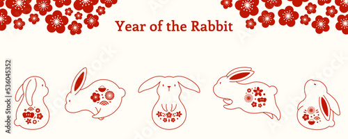 2023 Chinese Lunar New Year kawaii funny rabbits, plum flowers, red on white background. Hand drawn vector illustration. Line drawing. Design concept for holiday card, banner, poster, decor element.