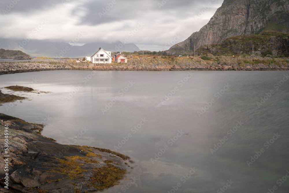 lonely house in the fiords of Lofoten islands, Norway