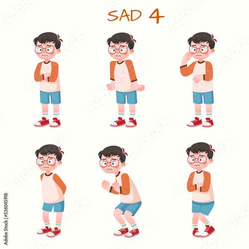 Set of kid boys showing sad expression.Vector illustration.