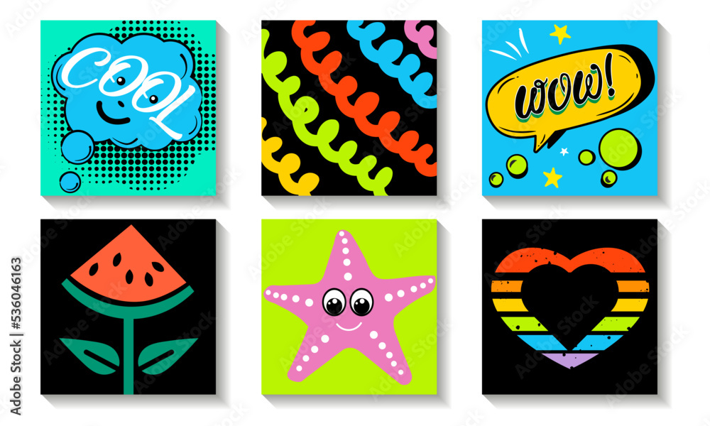 Banner collection of Different colored cartoon comic book characters and abstract shapes and lines