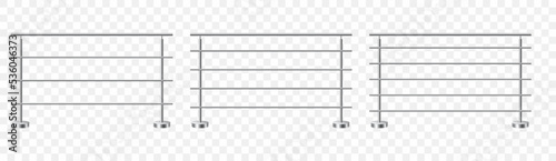 Set of realistic stair stainless steel railing. Metal balustrade. Fencing sections with steel poles. 3D vector illustration isolated on transparent background.