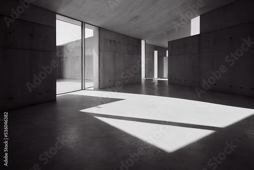 Empty concrete big room with big door and sunrays. 3d rendering