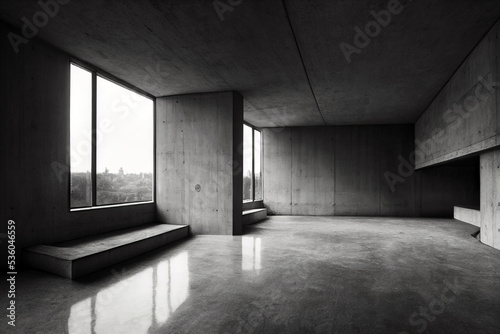 Empty concrete big windows. 3d rendering