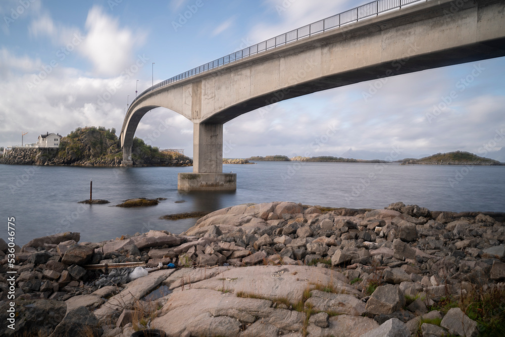 Fototapeta premium bridge connecting two islands in the fiords of Lofoten islands , Norway