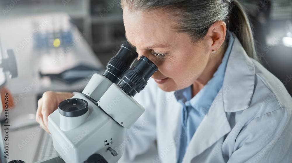 Science, research and microscope with a woman engineer working in her laboratory on innovation and development. Analytics, future and sample with a scientist at work with DNA or RNA in her lab