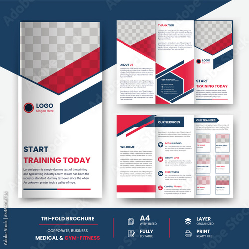 Gym trifold brochure design template, Fitness cover page, and brochure yoga flyer design template. 
