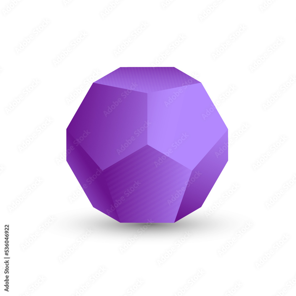 Vector illustration of a purple dodecahedron on a white background with a gradient for games, icons, packaging designs or logo. Platonic solid. Vector illustration of a purple dodecahedron on a white background with a gradient for games, icons, packaging designs or logo. Platonic solid.