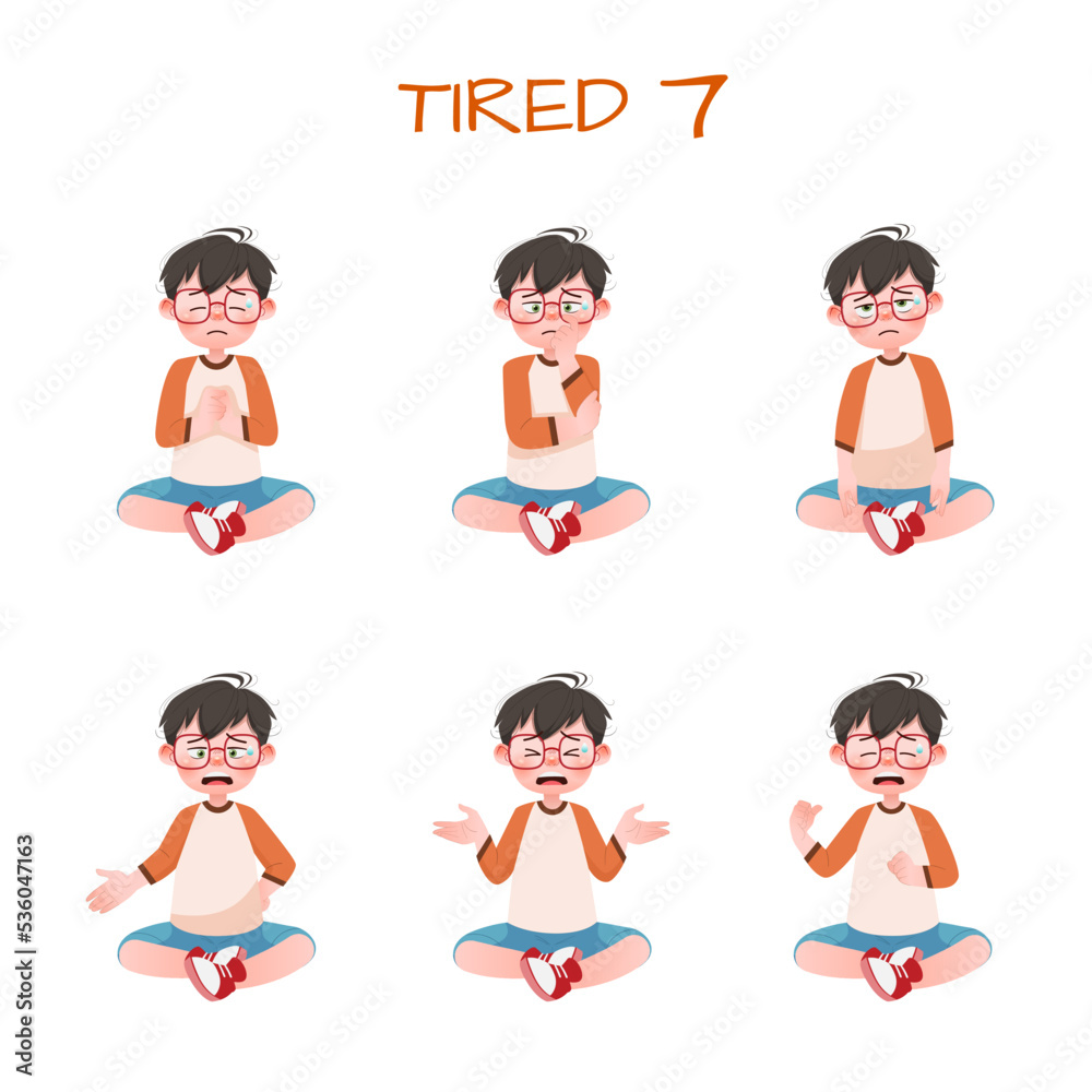 Set of kid boys showing tired expression.Vector illustration. Set of kid boys showing tired expression.Vector illustration.
