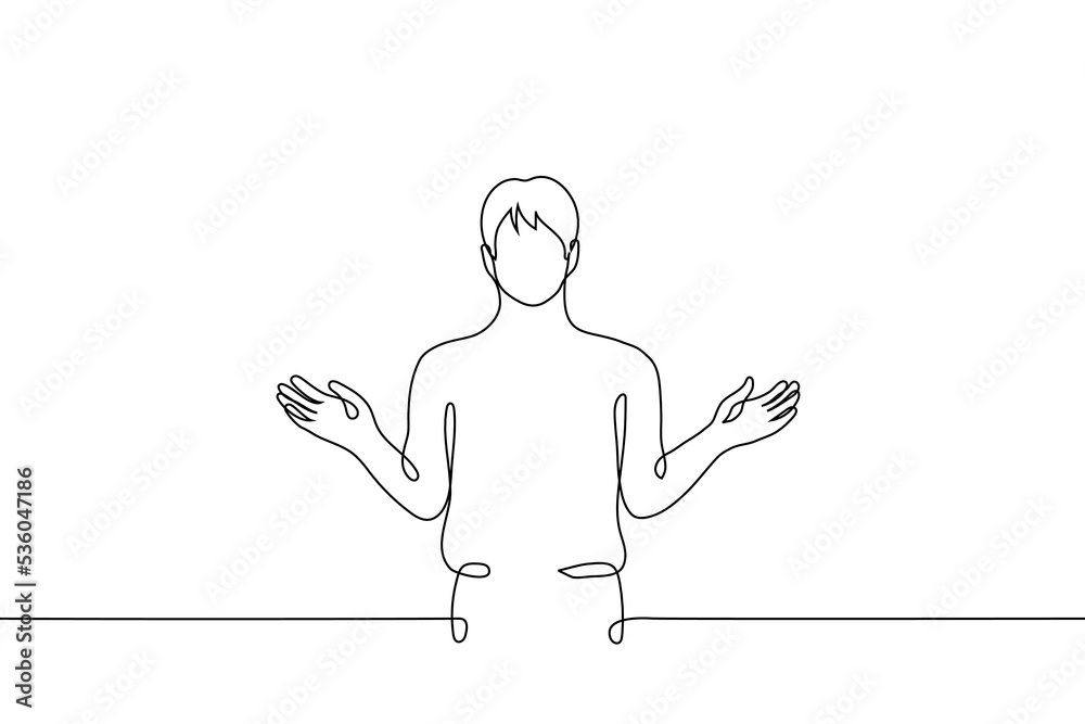man spread his arms to the sides - one line drawing vector. concept distracted, confused, open to hugs