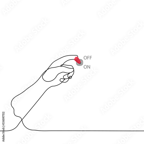 hand presses a vintage light switch - one line drawing vector. the concept of turning on the light, metaphor change, active mode